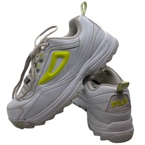 Women’s Fila White and Neon Yellow Tennis Shoes Chunky Sole Shoe Gently Used